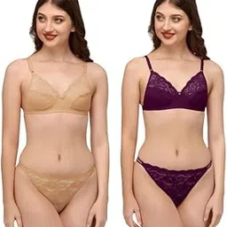 Non- Padded Non-Wired Bra Panty Set Bra and Panty Set for Women and Girls Sexy Lingerie for Honeymoon Sex|Cotton Sexy Lingerie| (Pack of 2 Multicolor) Multicolour-picture-42