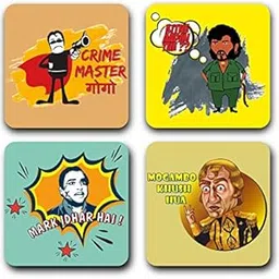 Presta Gifts Tea Coaster Set Bollywood Funny Villains Printed, MDF Wood Material Coasters for Home and Kitchen, Office Table, Dining Table, Home Decor (3.5x3.5 inches, Set of 4) image 1