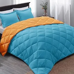 Reversible Rajai Comforter 1 Piece Diamond Pattern Microfiber 500 GSM Winter Double Bed Rajai Comforter (228 x 254) Centimeters - Quilt Comforter Set - Sky Blue & Orange image 1