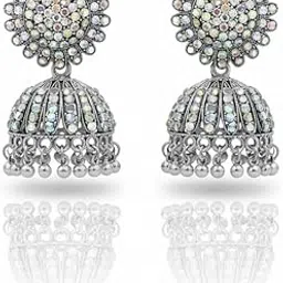 Crystal Jhumka Earrings, Silver Plated, Iridescent AB Stones, Traditional Dome Shape-picture-29