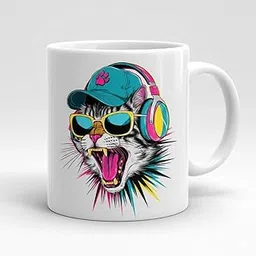 Cool Cat Ceramic Coffee Mug, White, 325ml Capacity, Modern Style with Funky Cat Design, Headphones and Sunglasses Print, Hand Wash Recommended, Glossy Finish-picture-10