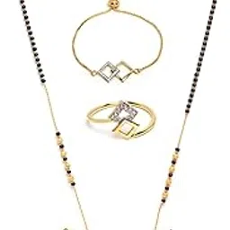 Jewellery Gold Plated Combo All In One Mangalsutra Tanmaniya Nallapusalu Necklace Pendant Black Bead Golden Chain Bracelet Ring Earrings For Women and Girls-image-91