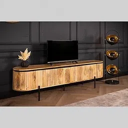 Modern Wooden TV Stand Cabinet, Curved Design with Vertical Slats, Metal Base, Natural Wood Finish-picture-50