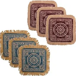 Homestic Pack of 6 Velvet Pooja Mat for Sitting On Floor | Comfortable Eating Aasan for Home | Decorative Sitting Mat for Meditation & Mandir | Floral - Maroon & Firozi-picture-45