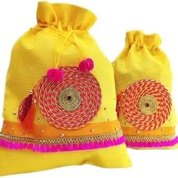Vibhawari Yellow Jute Potli Bag With Colorful Spiral Dori (0.5 KG) for wedding and festive favors. Festival gift pouches.-image-49