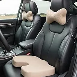 Frenzzo 2 Memory Foam Neck Pillows + Orthopedic Coccyx Seat Cushion Set – Ergonomic Support for Car, Office, Travel & Home – Relieves Neck, Back & Tailbone Pain - Beige-image-7