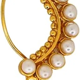 jwella Traditional Maharashtrian Nath for Women | Gold Plated Nose Ring with Pearls, Red Flower Motif & Green Beads | Bridal & Festive Jewelry-picture-36