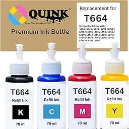 QUINK T664 Compatible Refill Ink for Epson L130, L360, L380, L361, L565, L210, L220, L310, L350, L355, L365, L385, L405, L455, L485 Printers (C/M/Y/Bk - 70g x 4) (Black) image 1