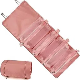 Viraaji Makeup Pouches for Women | Roll Up Makeup Hanging Bag | Folding Travel Toiletry Bag with 4 Compartments | Detachable Cosmetic Organizer (Pink)-picture-32
