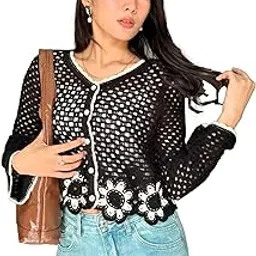 icw Women's Boho V-Neck Long Sleeve Crochet Hollow Out Botton-up Floral Crop Top Shirt DN101-picture-37