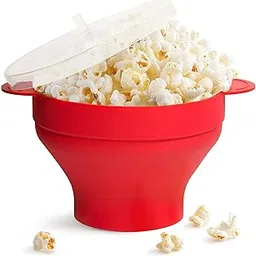 Popcorn Maker, Popcorn Bowl Folding Silicone with Lid for Microwave for Refrigerator for Oven(with Handle-New red)-picture-33