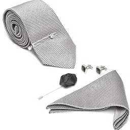Mens Ash Grey Woven Premium Silk Necktie Suit Accessories Set With Pocket Square Cufflinks Brooch Chrome Tiepin (TEGY01CP)-image-26