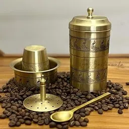 PURI BARTANWALA - Indian Peacock - Brass South Indian Coffee Filter with DABARA Set and 1 Small Spoon - Matt Finish - 250 ML-picture-31