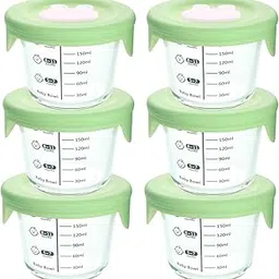 yanci YANCI® 180ml Borosilicate Glass Baby Food Storage Jars with Silicone Lid | Strong Glass | Microwave, Oven & Dishwasher Safe | Infant and Babies, Green, Round, Pack of 6-picture-50