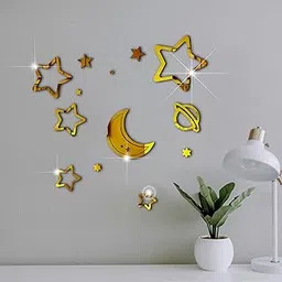 VAH- Kya Bat Hai !! Golden Moon Star Galaxy Design Mirror Stickers for Wall Acrylic Mirror Wall Mirror 3D Stickers Wall Stickers for Room Hall Home and Office(Set of 14 Pieces)-picture-12