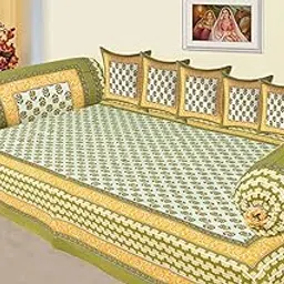 AMLEXTTRIZ Veda Cream Special Floral Pure & Soft Cotton Diwan Cover Set |8 Pcs Set - 5 Cushion Cover,2 Bolster Cover,1 Bedsheet (Green)-picture-23