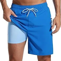 silkworld Mens 7 Inch Swim Trunks with Compression Liner Bathing Suit Quick Dry Swim Shorts with Zipper Pockets, Blue, Medium-picture-30