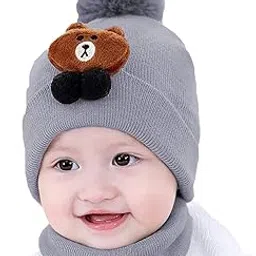 Baby Boys Girls Winter Woolen Cap Hat with Scarf Earflap Hood Skull Beanie Unisex Kids Capset (6 Month - 3 Yrs)-picture-31
