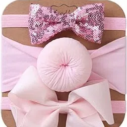 SYGA 3 Pcs Baby Headband Set, Soft Stretchable Nylon Hairbands with Glitter Bow and Knotted Design for Newborn, Infant, and Toddler-0-3 Years (Light Pink)-picture-32