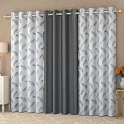 Polyester Floral Eyelet (2 Printed + 1 Plain) Combo Opaque Curtains Pack Of 3 (4 X 6 Feet, Grey)-picture-17