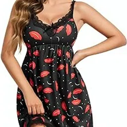 Women’s Satin Nightdress | Soft & Comfortable Sleeveless Short Nighty with Lace Neck | Daily Use Sleepwear for Women & Girls-Free Size Black-picture-35