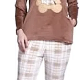 ninen Women's Teddy Bear Plush Pajama Set, Brown Long Sleeve Top with Checkered Pants, Winter Sleepwear | Winterwear Teddy Print Nightsuit Sets-picture-11