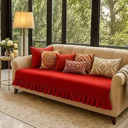 WWW.THROWPILLOW.IN Red Sofa Cover with Pleates for Wooden Single Seater | 1-Piece Sofa Throw for Living Room | Fits Wing Chair, Dining Chair Runner | Decorative Sofa Seat Cover | Stylish Slipcover-picture-17