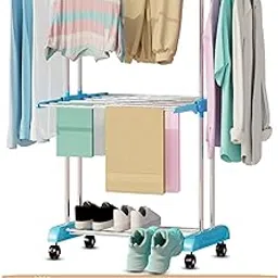 LIVINGBASICS 2 Layer Finest Clothes Stand for Drying/Cloth Drying Stand/Cloth Stand for Drying Clothes Foldable/Cloth Drying Stand for Balcony/Stainless Steel Hanging Dress Dryer Rack (Cyan Blue)-image-2