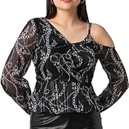 Globus Women Abstract Print V-Neck One Shoulder Bishop Sleeves Peplum Party Top-picture-34