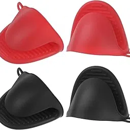 HARFINGTON 2 Pair Mini Silicone Oven Mitts 110x85x70mm Small Heat Resistant Rubber Air Fryer Gloves for Kitchen Cooking and Baking, Red Black-picture-33