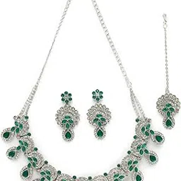 sukkhi Alluring Traditional Rhodium Plated Green AD Stone Collar Bone Necklace Set With Earring And Maangtika | Jewellery Set For Women (NS105648)-picture-18