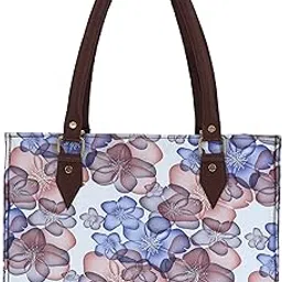 Floral Print Tote Bag with Leather Handles, Blue and Pink Cherry Blossom Pattern, Fashion Shoulder Handbag for Women-image-28