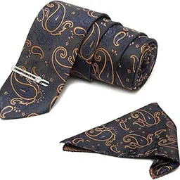 Mens Iris Purple Italian Silk Necktie Set Incl Pocket Square Chrome Tiepin Brooch American Style Formal Tie Gift Set for Men (TEBU)-image-57