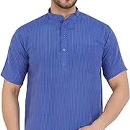 latest chikan Men's Cotton Regular Striped Short Kurta Half Sleeves - Casual Ethnic Wear -SK-PNT-BL-40 Blue-picture-36