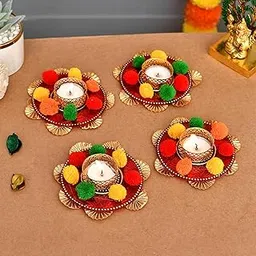 Collectible India Set of 4 Flower Design Diya Tea Light Candle Holder for Home Office Decoration Puja Articles Decor Gift TeaLight - Decorative tealight Candle Holder - Wedding Festive Decor Gift-picture-26