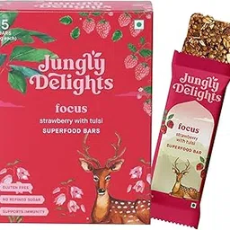 Jungly Delights | Box of Focus: Strawberry with Tulsi | Superfood Bars | Box of 5 X 38g | Gluten and Refined Sugar Free | All Natural | Healthy & Delicious | Supports Immunity-image-11