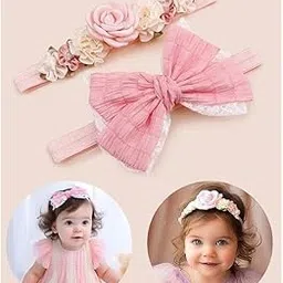 EvoNest Set of 2 Baby Girl Headbands Soft Elastic Floral Bow Hair Bands for 6-12Month Kids (Pink)-picture-27