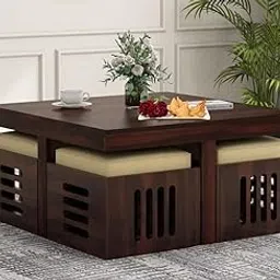Solid Sheesham Wood Center Coffee Table Set with 4 Stools for Living Room Home Hall Solid Wood Tea Table Wooden Furniture for Home Office | (Walnut Finish)-image-11