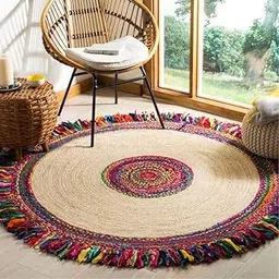 VAKAR-TUNDA Jute Carpet for Living Room, Bedroom Rug, Hallway and Entryway Mat, Handwoven Area Rug for Interior Styling and Room Décor (3'x3' Feet, Jute & Red Chindi Flower)-image-44