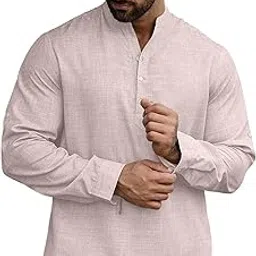 greciilooks Men’s Casual Linen Mandarin Collar Henley Shirt, Long Sleeve Roll Up Button Shirt, Lightweight Summer Kurta Style Tunic for Daily, Beach image 1