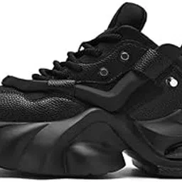 boizok Trendy Black Chunky Platform Sneakers, Athletic Sports Shoes with Air Cushioned Sole, Textured Design, Lace-Up Running Shoes-picture-22