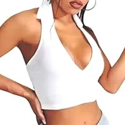 Women’s Sleeveless V-Neck Slim Fit Ribbed Knit Tank Crop Top – Stylish Summer Casual Wear | Slim, Stretchable, Comfortable & Trendy-White-image-64