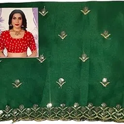 Embroidered Satin Fabric, 1 Metre, Green with Gold Sequin Border-picture-19