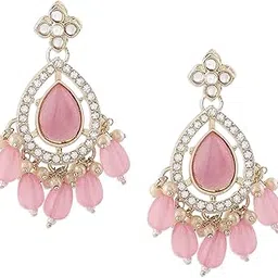 zaveri pearls Pink Cat Eye Stones & Kundan Dazzling Austrian Diamond Ethnic Drop Earring For Women-ZPFK16594-picture-19