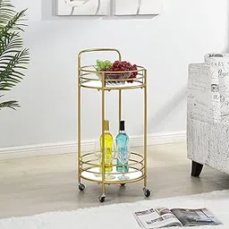 Décor Serving Trolley with 2 Metal Handles, Wine Cart on Wheels, Round Mobile Trolley with 2 Tier Shelves for Kitchen Decoration, Liqueur, Cocktail-White Golden (Gold White)-picture-52