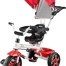 JoyRide 4 in 1 Convertible Baby Tricycle Toddler Stroller Pedal Tricycle w/Reversible Seat Adjustable Removable Handle Canopy Handrail Belt Storage Footrest for 1-5 Years Old (Red)-image-85