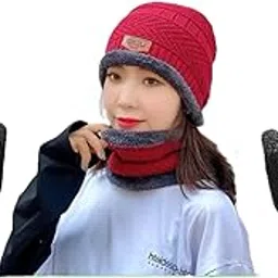Winter Beanie Cap, Scarf, and Gloves Set with Faux Fur Inner Lining | Warm Knit Hat | Neck Warmer Combo | Thermal Cap and Gloves | Woolen Skull Cap for Men & Women-image-68