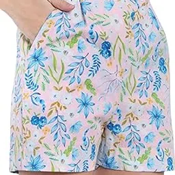 giira Women's Floral Print Cotton Shorts, Pink with Blue Flowers, Summer Casual Style-picture-42