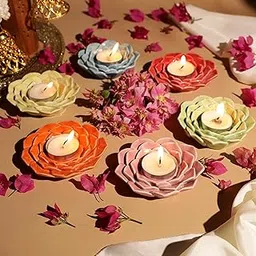 The White Space Livng Tealight Holder Flower Shaped Set of Six Diyas | Ceramic Diyas Flower Shaped for Diwali | Handcrafted Dias (6)-picture-12
