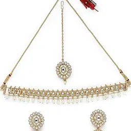 Heavenly Gold Plated White Kundan & Beads Choker Necklace Set With Jhumki Earring And Maangtika | Jewellery Set For Women (NS105567)-image-89